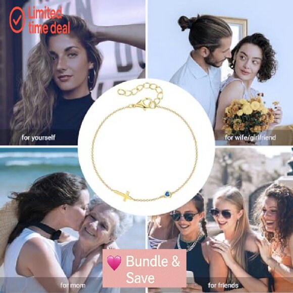 14K Gold Plated Cross Birthstone Bracelet, Adjustable, Religious Gift - Picture 4 of 8